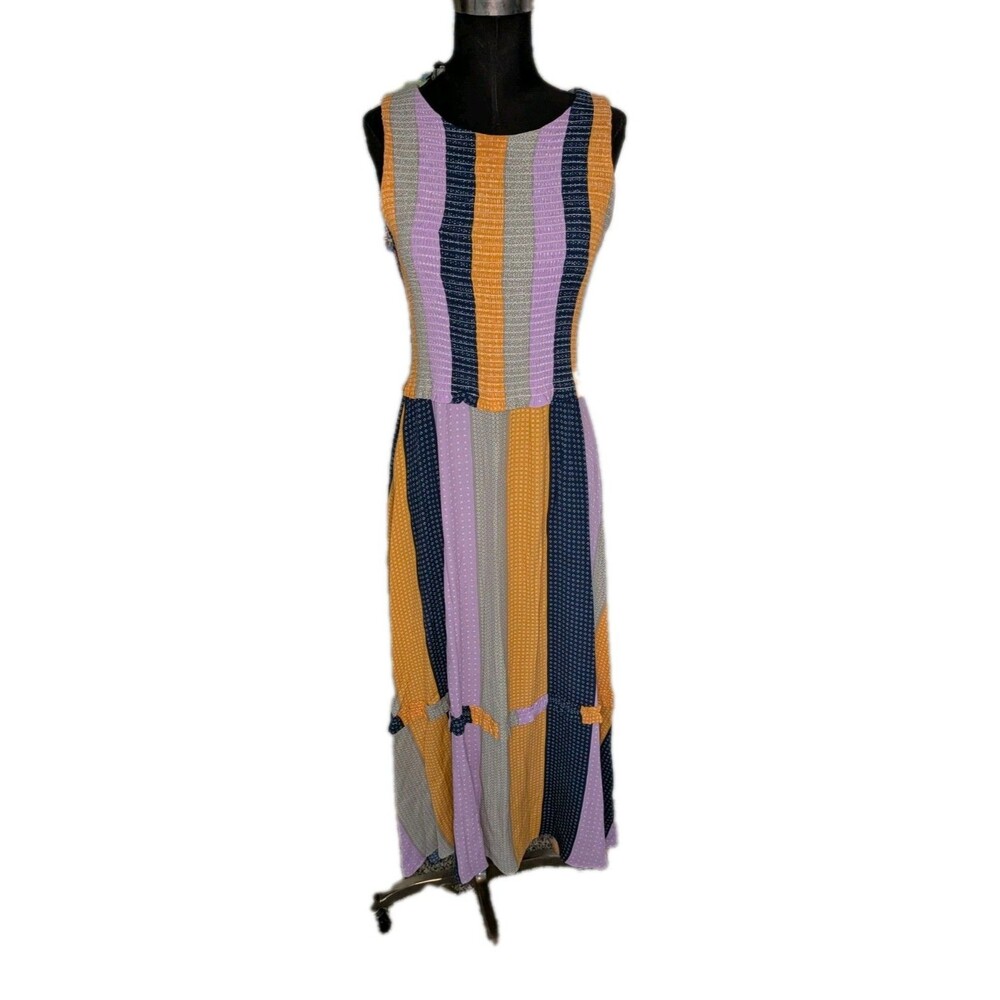 Nicole Miller Women's Dress Pop Stripe Smocked Midi Multi Color Sleeveless Small